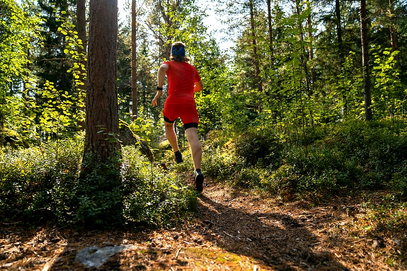Løpere i full fart under et løp.  Spenstig bilde!